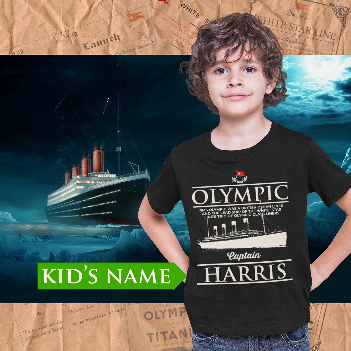 Captain R.M.S Olympic custom name shirt, handmade t shirt - personalizer reusable Olympic gift for boy 6 8 years old