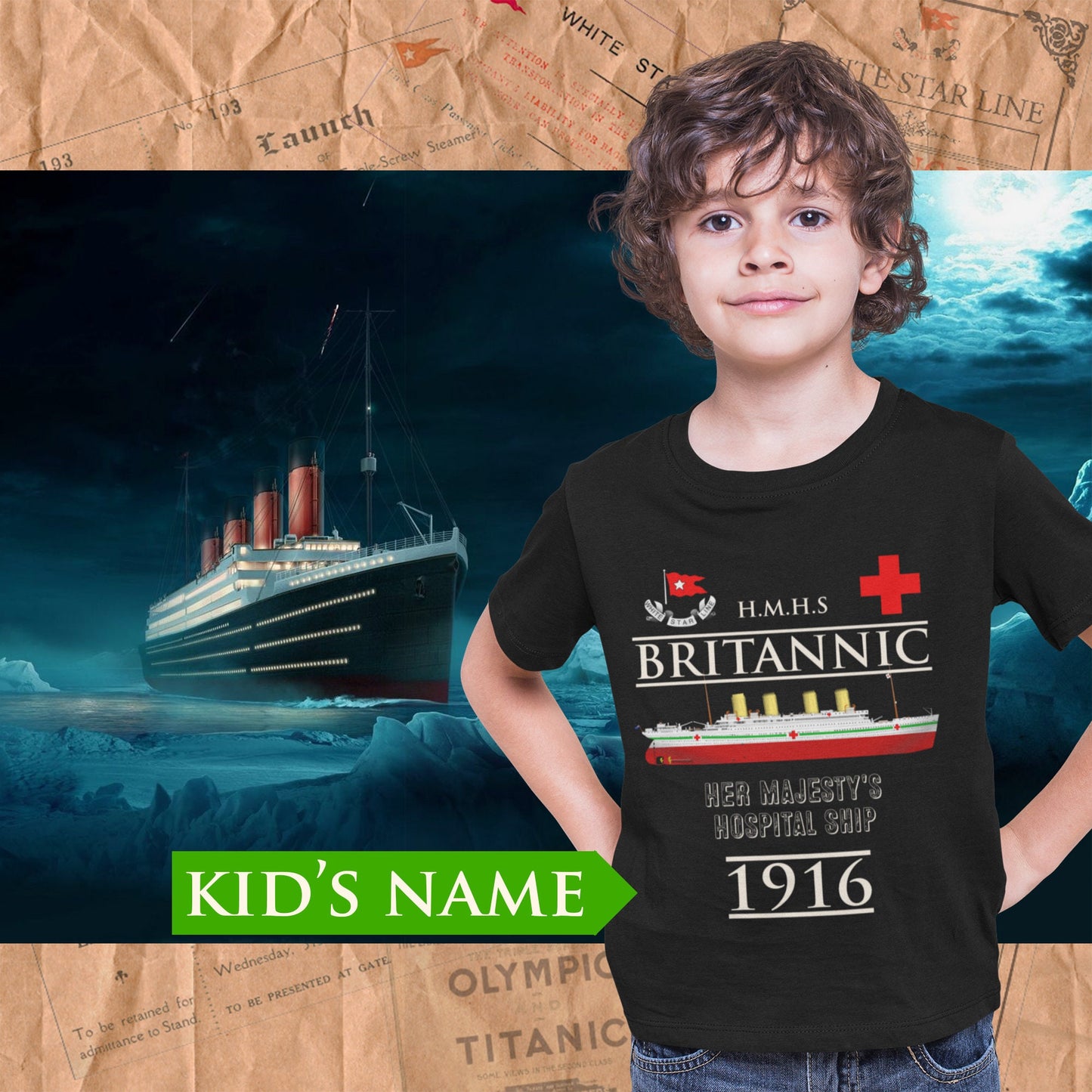 Britannic custom name t-shirt, handmade t shirt - 8th birthday boy shirt, gift for history lover, white star line tee