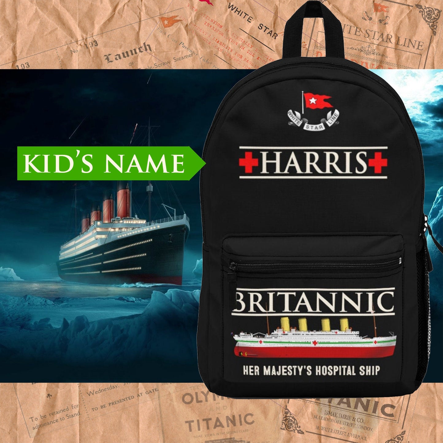 HMHS Britannic custom name backpack, personalized backpack - reusable Britannic gift for boy 6 14 years old