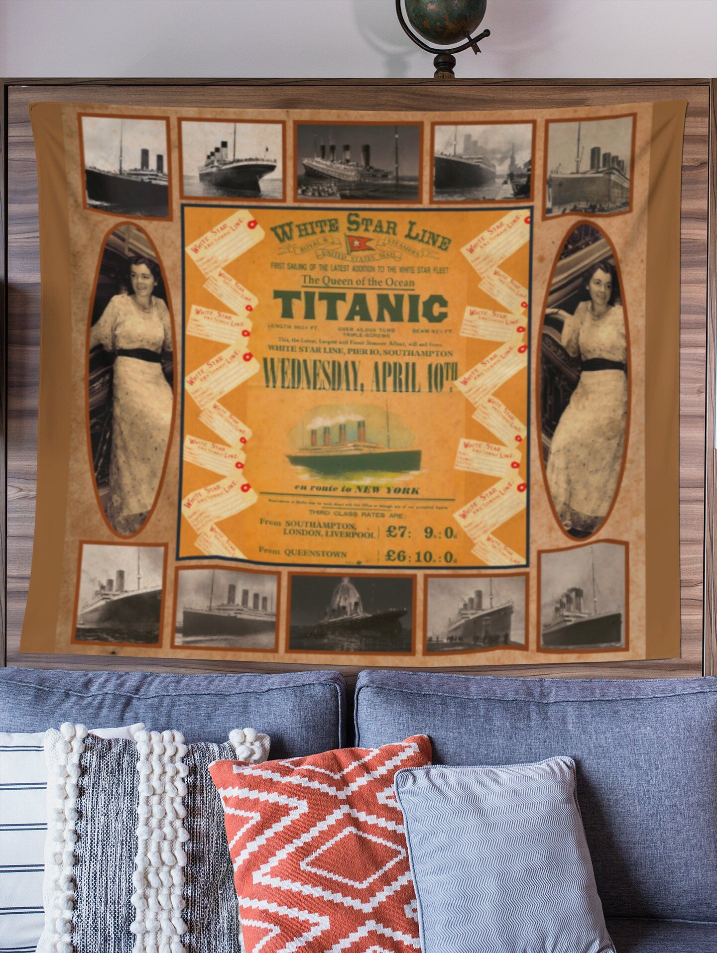 Titanic wall art, tapestries wall hanging yellow, Titanic wall decor for boys room, white star line wall decor, boy room decor