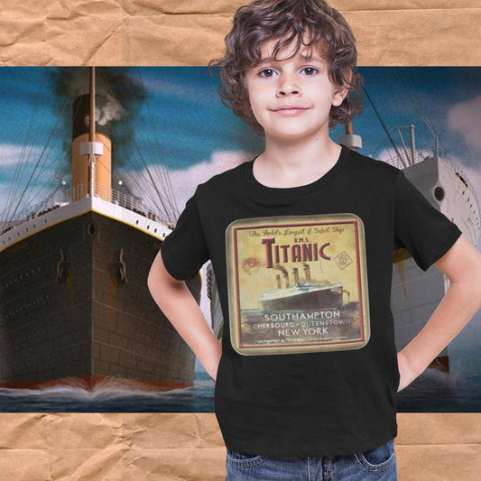 Titanic old poster style shirt, t-shirt with vintage ship for 8 year old boy - history buff, custom kid shirt for Titanic party