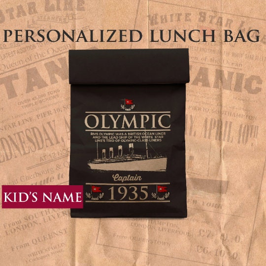 Olympic personalized lunch bag for kids, reusable white star line lunch bag, lunch bag for boys 6 8 history buff, lunch+bag