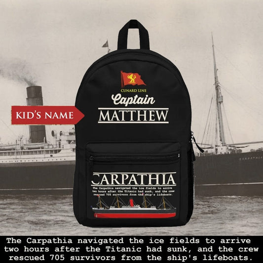 Custom name backpack Captain Carpathia, personalized backpack - reusable RMS Carpathia ship gift for boy 6 14 years old, Cunand line steamer