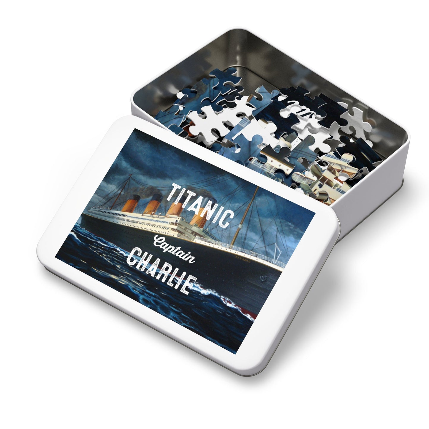 Personalized jigsaw puzzle Captain Titanic with kids name, educational puzzle - picture puzzle in a metal box (30, 110, 252, 500,1000-piece)