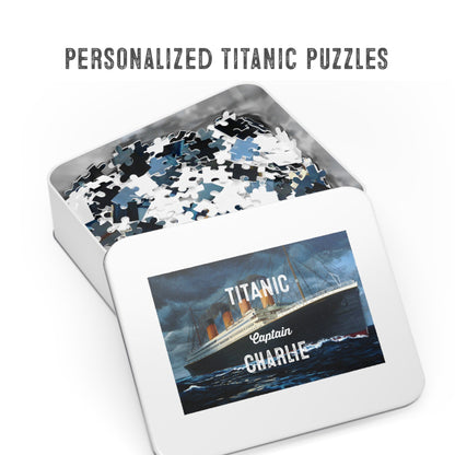 Personalized jigsaw puzzle Captain Titanic with kids name, educational puzzle - picture puzzle in a metal box (30, 110, 252, 500,1000-piece)