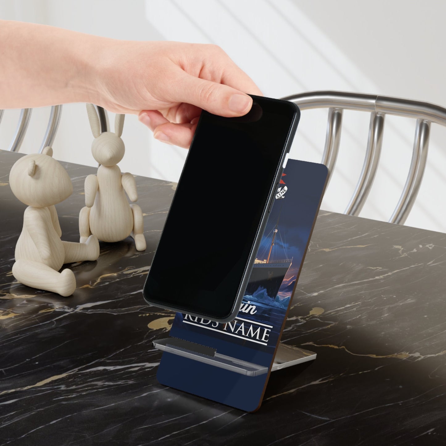 Phone display holder - Titanic personalized phone cradle, smartphone mount with custom name, mobile device stand with kids name