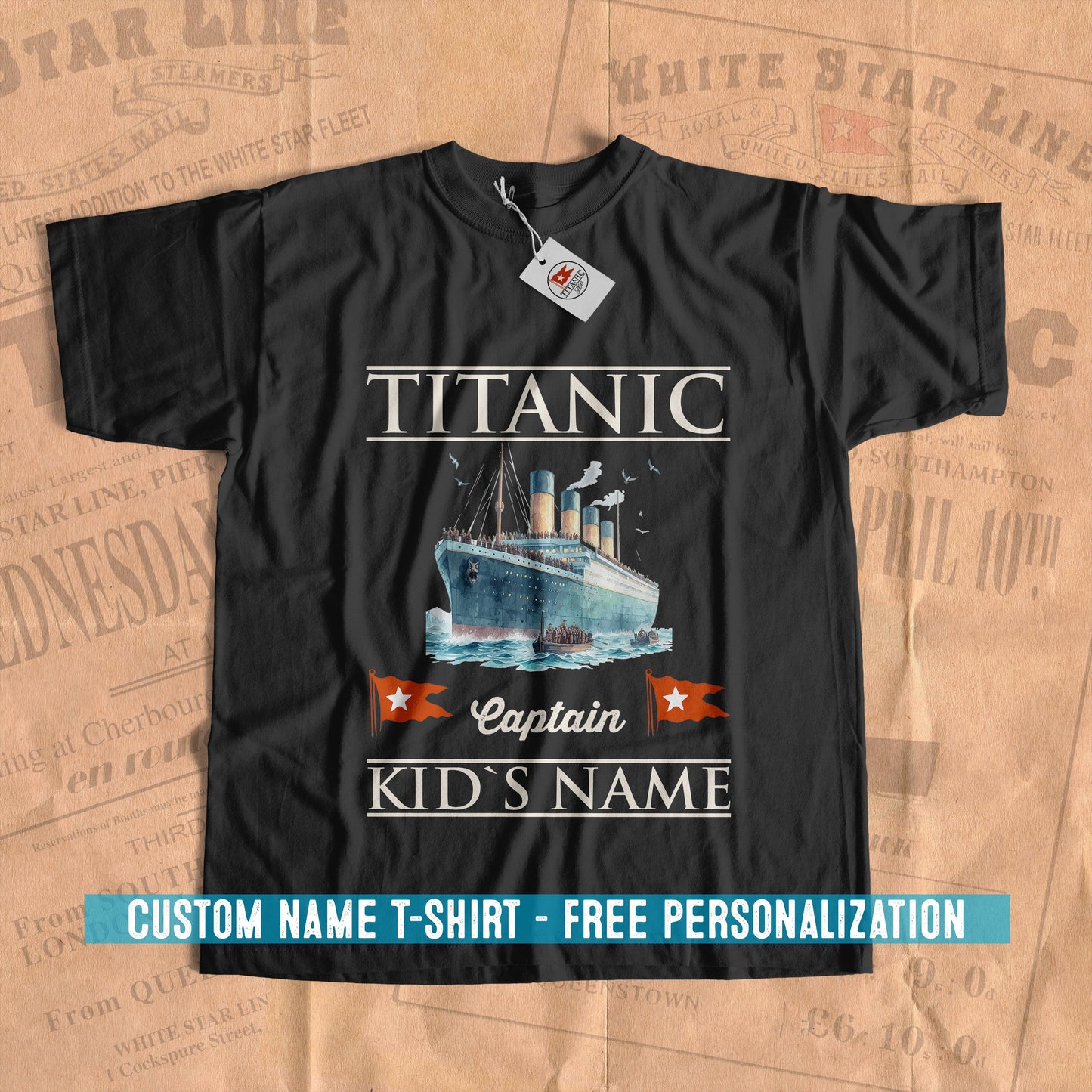 Titanic custom name kids t shirt, personalized shirt for 7th birthday gift, White Star Line flag tshirt