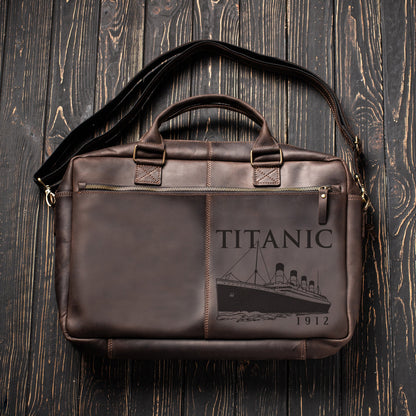 Titanic leather bag, handmade bag Titanic 1912 with personalization, leather laptop bag - custom engraving leather handbag, top handle bags